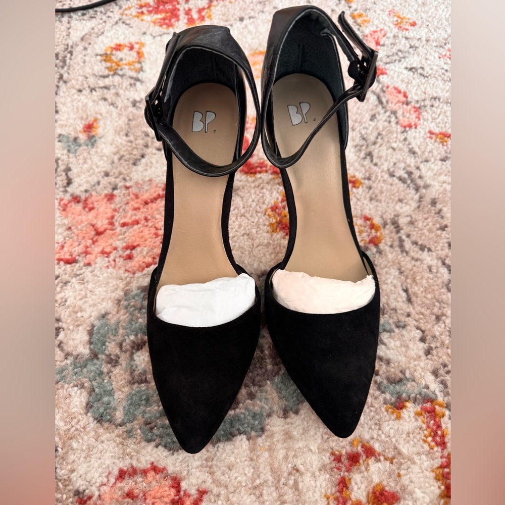 BP D’Orsay Black Suede Ankle Strap Heels